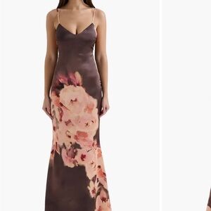 House of CB Mariamma Dark Brown Floral Printed Satin Maxi Dress Maxi Dress